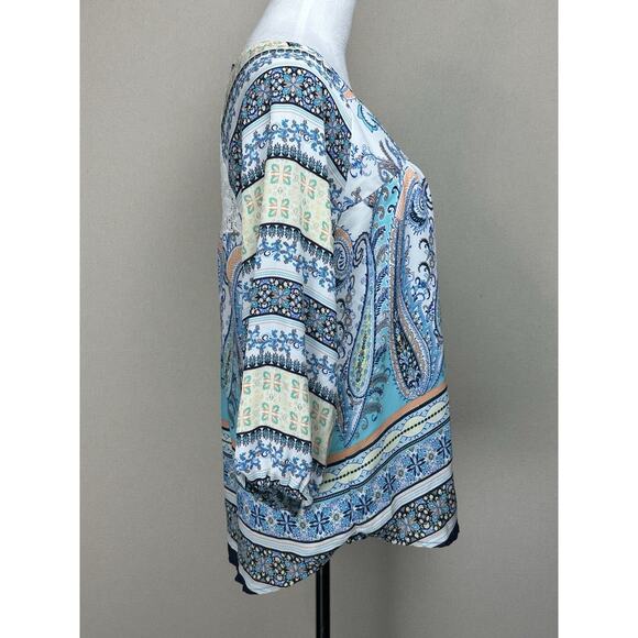 Valerie Stevens Women's colorful peasant bohemian Blouse M Lace Back Tie Front - Picture 5 of 13